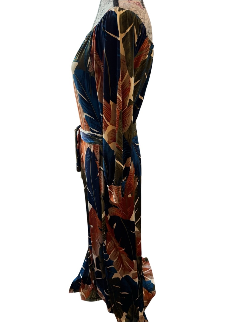 Fashion Nova One-Shoulder Tropical Maxi Dress in Navy, Olive & Rust - Picture 3 of 8
